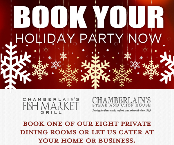 Book your holiday party now
							Book one of our eight private dining rooms or let us cater at your home or business