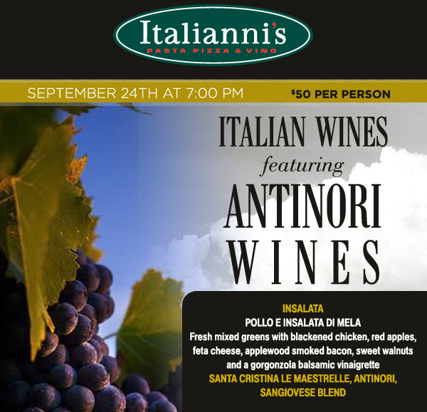 Italian Wines featuring Antinori Wines
								September 24th at 7pm - $50 per person