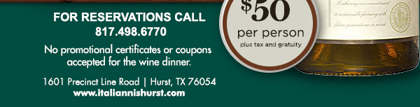 1601 Precinct Line Rd. Hurst, Tx 76054, (817) 498-6770 www.italiannishurst.com