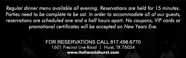 1601 Precinct Line Rd. Hurst, Tx 76054, (817) 498-6770 www.italiannishurst.com