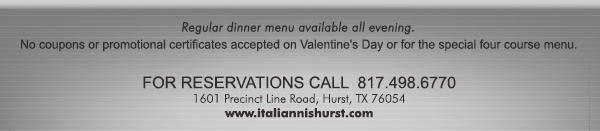 1601 Precinct Line Rd. Hurst, Tx 76054, (817) 498-6770 www.italiannishurst.com