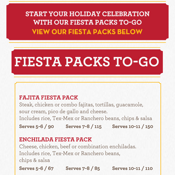 Get your party started with Fiesta Packs!
							See image for details