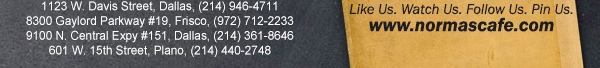 
									17721 N. Dallas Pkwy #130, Dallas, TX (972) 380-8646
									1123 W. Davis Street, Dallas, TX (214) 946-4711
									8300 Gaylord Parkway #19, Frisco, TX (972) 712-2233
									www.normascafe.com
