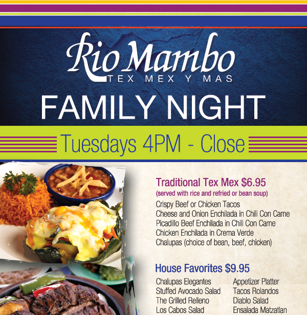 Family Night
							 Tuesdays 4pm - Close
							 See image for details