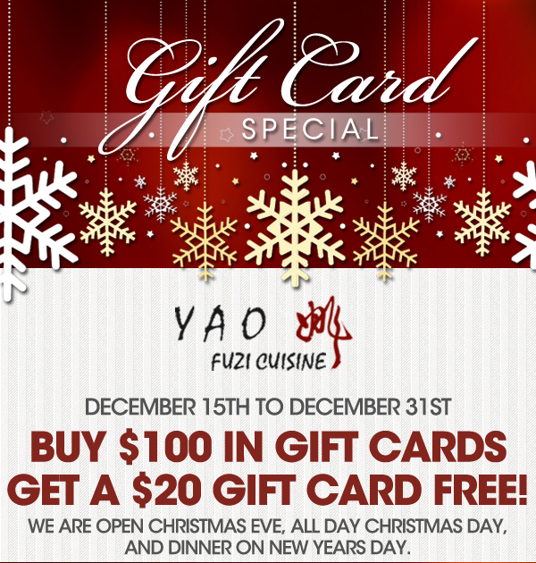 Gift Card Special
							December 15 - 31 Buy $100 in gift cards get a $20 gift card free!
							See image for full details